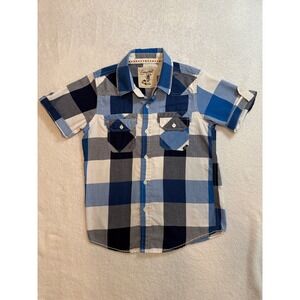 Coastal Boys Blue White Buffalo Plaid Short Sleeve Button Down Shirt Medium